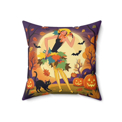 🌕🍂 Autumn Song Beneath The Harvest Moon Square Pillow – Whimsical Halloween Charm