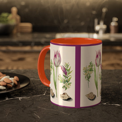 Tulip, Branches of Myrtle and Shells by Maria Sibylla Merian Colorful Mugs, 11oz