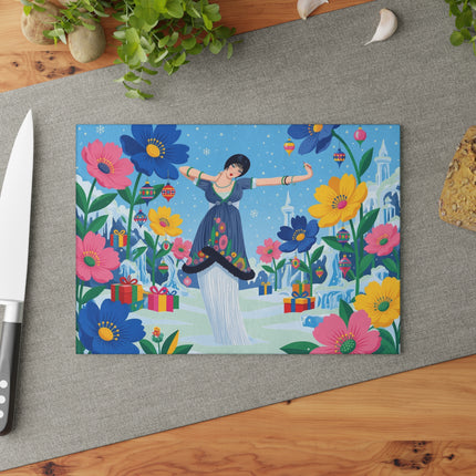 🌸❄️ The Lady Of The Enchanted Winter Garden Glass Cutting Board – Art Deco Holiday Fantasy