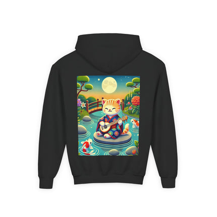 Melodic Kitten by the Koi Pond Youth Hooded Sweatshirt – Peaceful Harmony & Playful Music