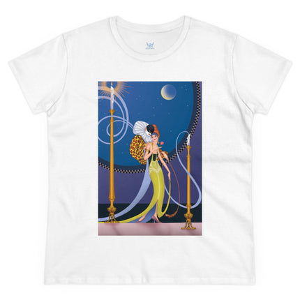 Smoke and Secrets: A Glamorous Encounter in Prohibition Era Women's Midweight Cotton Tee