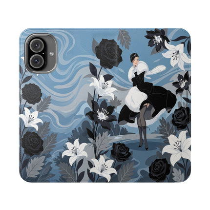 🖤🤍 The Lady Of The Black Rose Garden Flip Case – Art Deco Floral Elegance