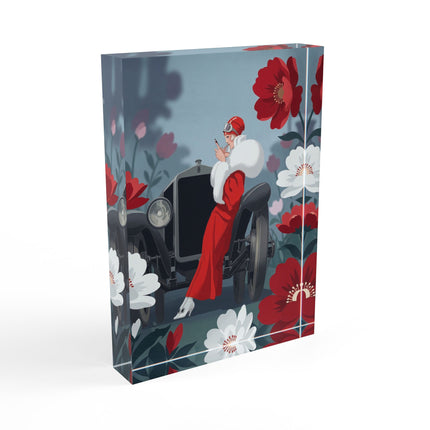 ❤️🚘 The Lady Of The Red Roadster Acrylic Art Block – Art Deco Motoring Elegance