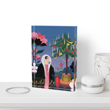 🌹🎄 The Lady Of The Candlelit Rose Tree Acrylic Art Block – Art Deco Christmas Garden
