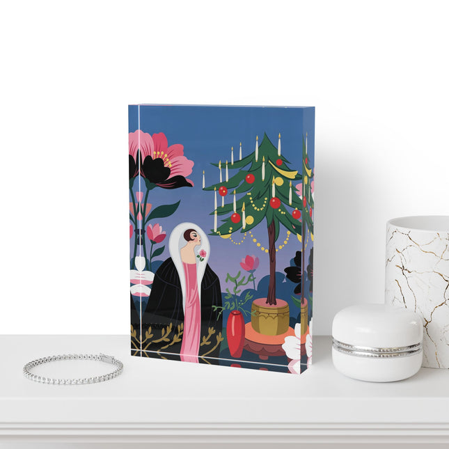 🌹🎄 The Lady Of The Candlelit Rose Tree Acrylic Art Block – Art Deco Christmas Garden