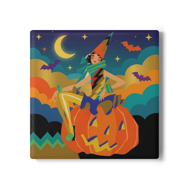 🌙🎃 The Witch Of Crescent Moon Pumpkin Ceramic Coaster – Colorful Halloween Charm