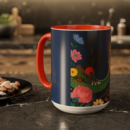 The Lady And The Crimson Moonbird Colorful Mugs – Art Deco Whimsical Garden Elegance