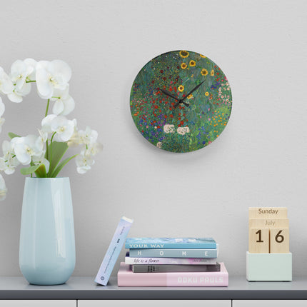 Farm Garden with Sunflowers by Gustav Klimt Acrylic Wall Clock, Round and Square