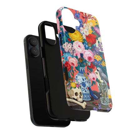 Floral Vanitas Phone Case – Parrot & Porcelain Splendor