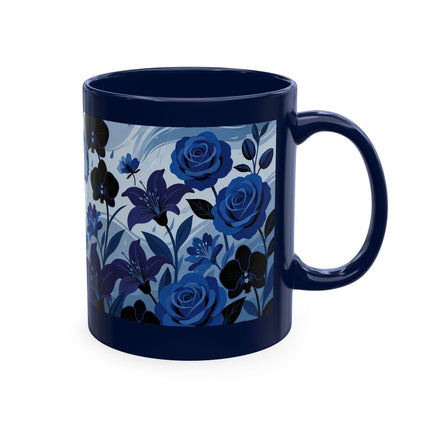 ☔💙 The Lady In The Blue Rain Garden Ceramic Mug – Art Deco Floral Elegance