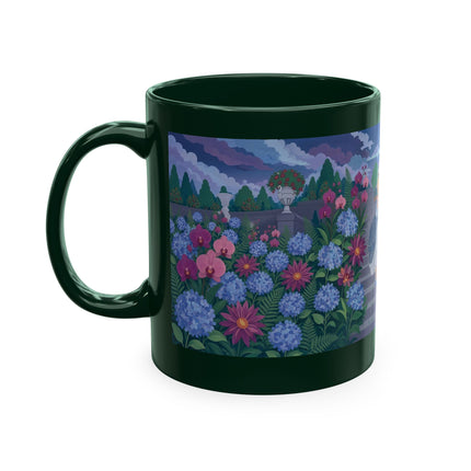 🦚🌸 The Lady & The Peacock On The Garden Steps Ceramic Mug – Art Deco Garden Elegance