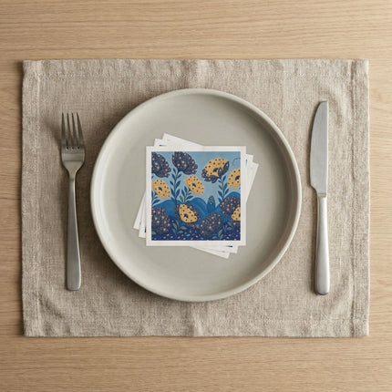 💙🌼 The Midnight Blue And Golden Blossom Garden Napkins – Whimsical Botanical Floral Art