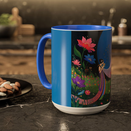 The Lady And The Moonlit Peak Colorful Mugs – Art Deco Alpine Garden Elegance