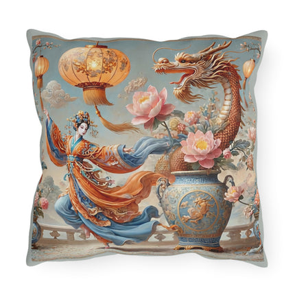 Golden Dragon & Lantern Lady Outdoor Pillows – Imperial Dragon & Elegant Harmony