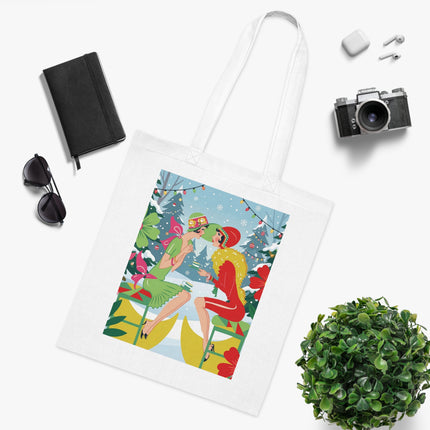 🎄☕ Christmas Tea In The Snow Garden Cotton Tote Bag – Art Deco Holiday Friendship