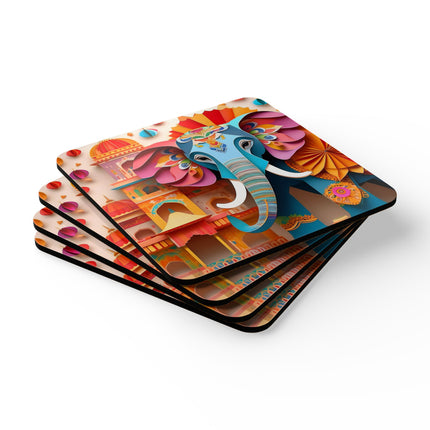 Elephant at an Autumn Festival Corkwood Coaster Set