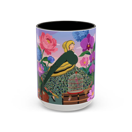 The Lady And The Crimson Birdcage Colorful Mugs – Art Deco Tropical Garden Elegance