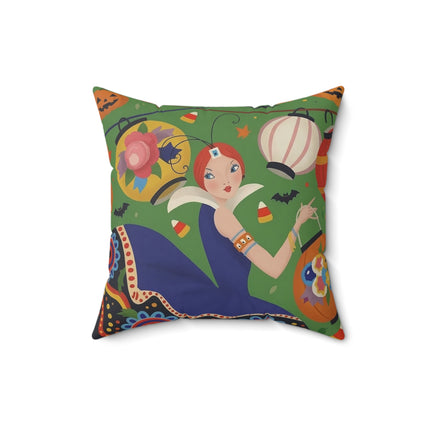 🏮🎃 The Lady Of Halloween Lanterns Square Pillow – Colorful Art Deco Halloween Charm