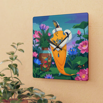 🌺✨ The Lady Of The Golden Lotus Garden Acrylic Wall Clock – Art Deco Floral Fantasy