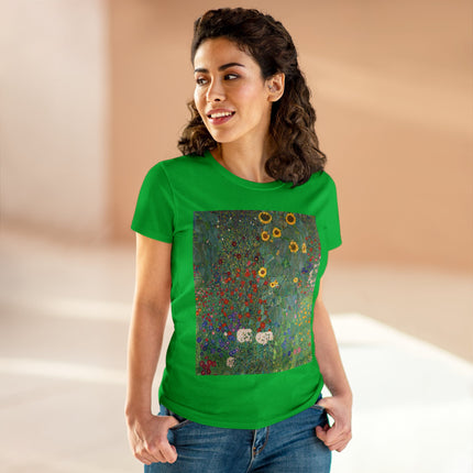 Farm Garden with Sunflowers by Gustav Klimt Women's Midweight Cotton Tee