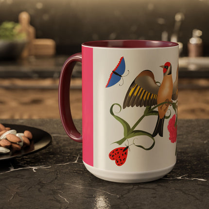 Goldfinch & Pink Flowers Colorful Mugs – Vibrant Spring & Bold Beauty