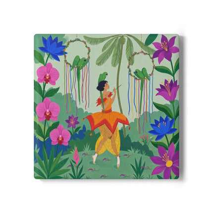 🦜🌺 The Parrot Dancer Ceramic Coaster – Art Deco Tropical Whimsy