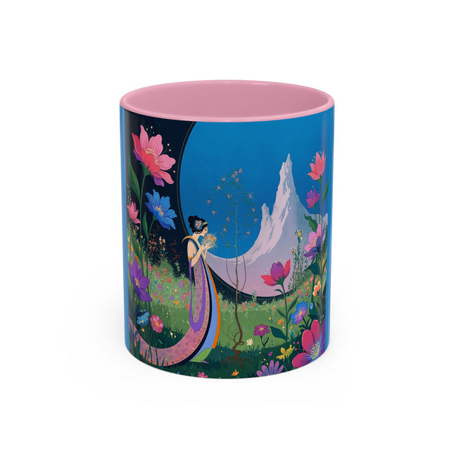 The Lady And The Moonlit Peak Colorful Mugs – Art Deco Alpine Garden Elegance