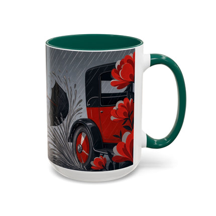 ☔🌹 The Scarlet Rainstorm Promenade Colorful Mug – Art Deco Motoring Elegance