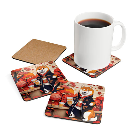 Shiba Inu at an Autumn Harvest Fair Corkwood Coaster Set