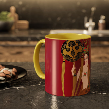 Butterfly Empress of the Crimson Pavilion Colorful Mug (11oz, 15oz) – Art Deco Beauty, Butterfly Elegance & Ornamental Style
