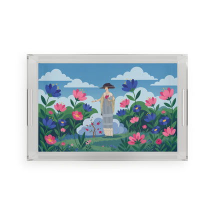 🌸🎩 The Lady Of The Grand Flower Garden Acrylic Serving Tray – Art Deco Fashion Illustration