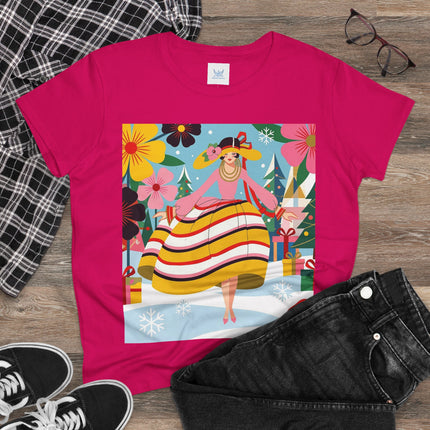 🎄🌸 The Christmas Blossom Belle Cotton Tee – Art Deco Holiday Whimsy