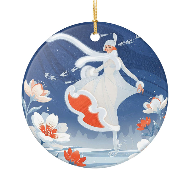 ❄️⛸️ The Winter Skater’s Flight Ceramic Ornament – Art Deco Floral Fantasy