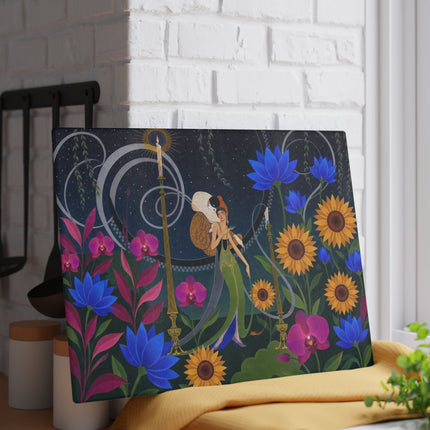🌻🌙 The Midnight Sunflower Garden Glass Cutting Board – Art Deco Floral Fantasy