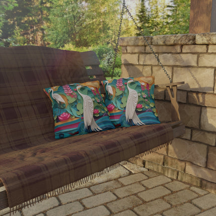 Elegant Egret Oasis Outdoor Pillows