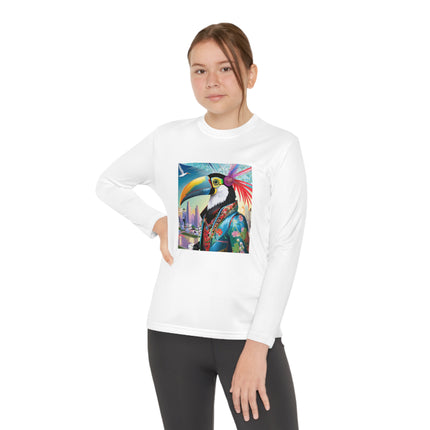 Cyber Toucan Chic Youth Long Sleeve Competitor Tee – Neon Feathers & Futuristic Style