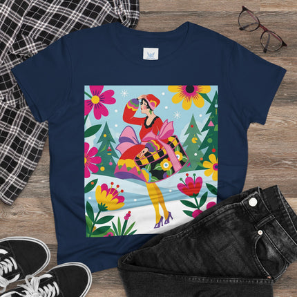 🎄🌺 Christmas In The Winter Garden Cotton Tee – Art Deco Holiday Whimsy