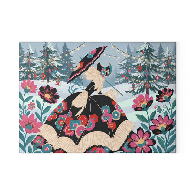 🌸❄️ The Lady Of The Winter Blossom Glass Cutting Board – Art Deco Holiday Fantasy
