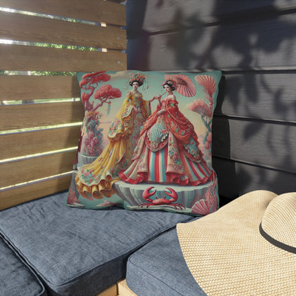 Cherry Blossom Courtesans & Crimson Crab Outdoor Pillows – Imperial Elegance & Playful Charm