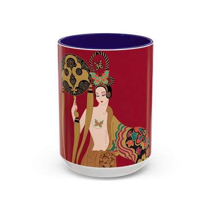 Butterfly Empress of the Crimson Pavilion Colorful Mug (11oz, 15oz) – Art Deco Beauty, Butterfly Elegance & Ornamental Style