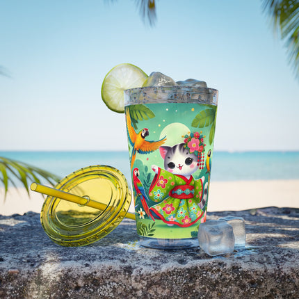 Parrot Dance of the Geisha Kitten Sunsplash Tumbler with Straw, 16oz