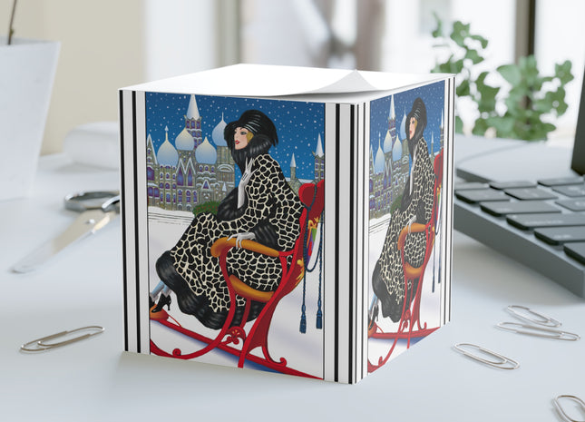 Elegant Winter Woman in Sleigh Note Cube