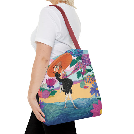 ☂️🌺 The Lady Of The Seaside Parasol Tote Bag – Art Deco Floral Fashion