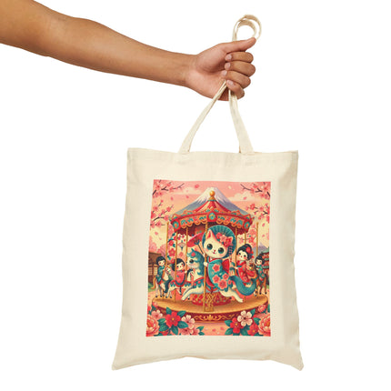Geisha Kitten's Enchanted Carousel Ride Cotton Canvas Tote Bag – Whimsical Dreams & Cherry Blossom Magic