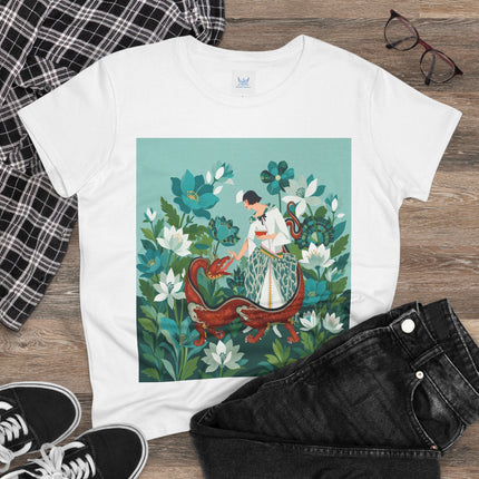 🐉🌿 The Dragon Keeper Cotton Tee – Art Deco Floral Fantasy