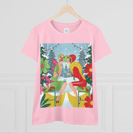 ☕❄️ Christmas Tea In The Snow Garden Cotton Tee – Art Deco Holiday Friendship