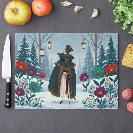 🏮❄️ The Winter Lantern Promenade Glass Cutting Board – Art Deco Holiday Fantasy