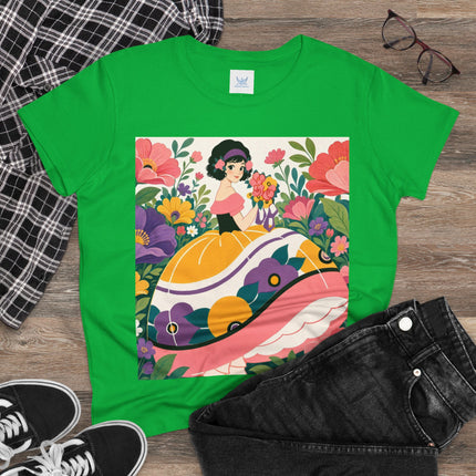 🌸💜 The Girl With The Flower Bouquet Cotton Tee – Art Deco Floral Whimsy