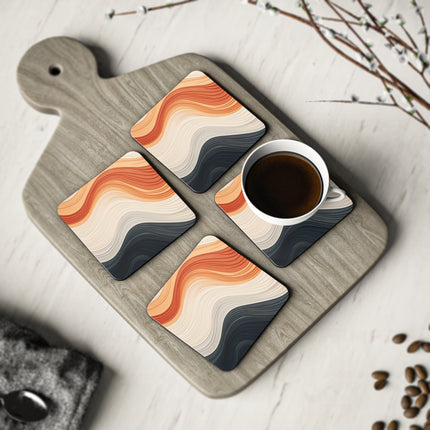 Wave Pattern in Hues of Beige, Orange, Grey, and Black Coasters