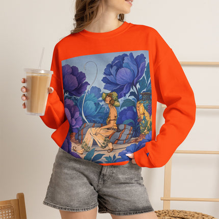 💙🌸 The Lady Among The Blue Blossoms Crewneck Sweatshirt – Art Deco Floral Reverie